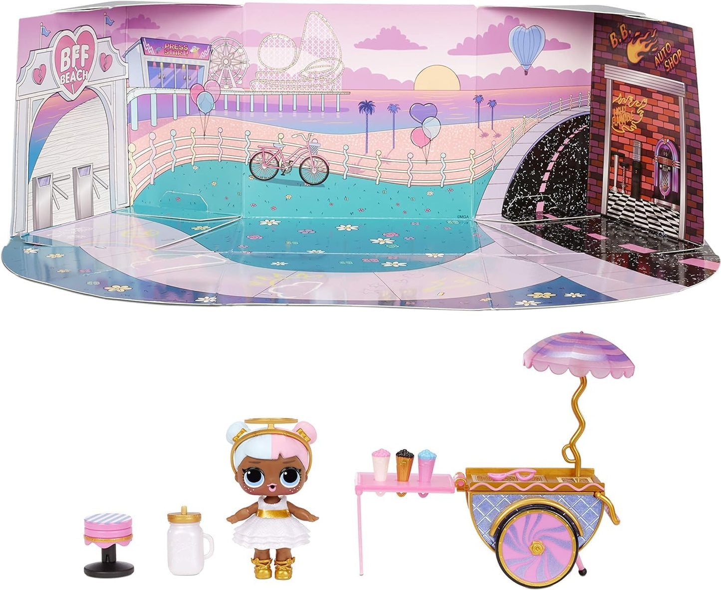 L.O.L. Surprise! LOL Surprise Furniture Sweet Boardwalk with Sugar Doll and 10+ Surprises, Doll Candy Cart Furniture Set, Access