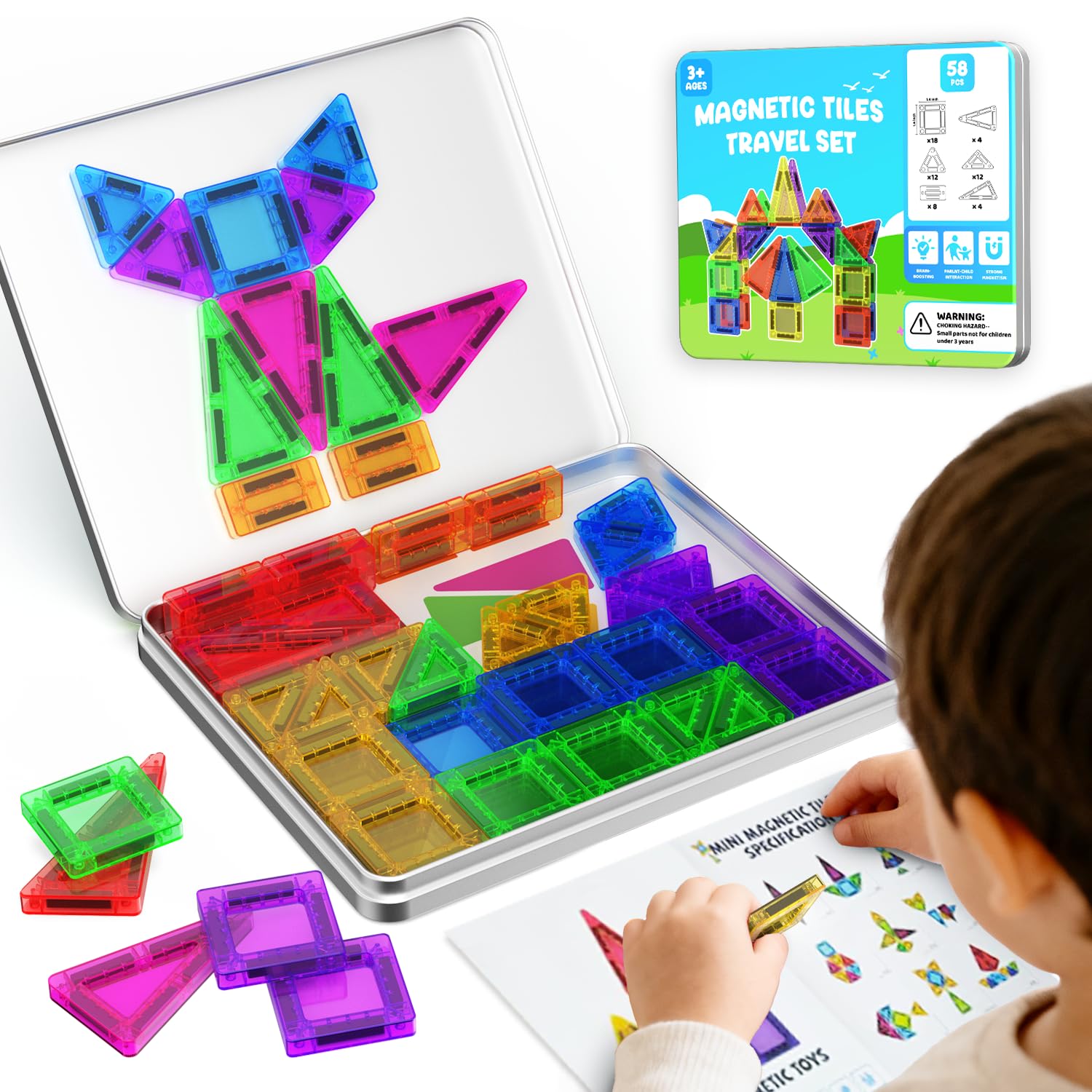 GleamJoy Mini Magnetic Tiles, 58PCS Travel Magnetic Tiles with Iron Box, STEM Educational Construction Toys for Kids Ages 3+, Po