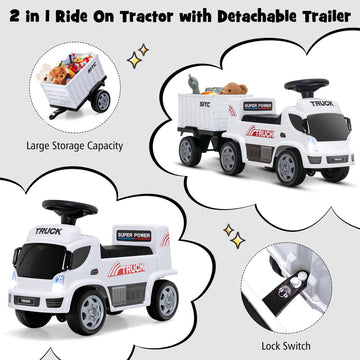 Olakids Kids Ride On Push Car, 2 In 1 Foot-To-Floor Sliding Truck With Detachable Trailer, Steering Wheel, Headlights, Music, Alarm Sound, Toy Walker Gift For Toddlers Age 1.5-3 Boys Girls (White)