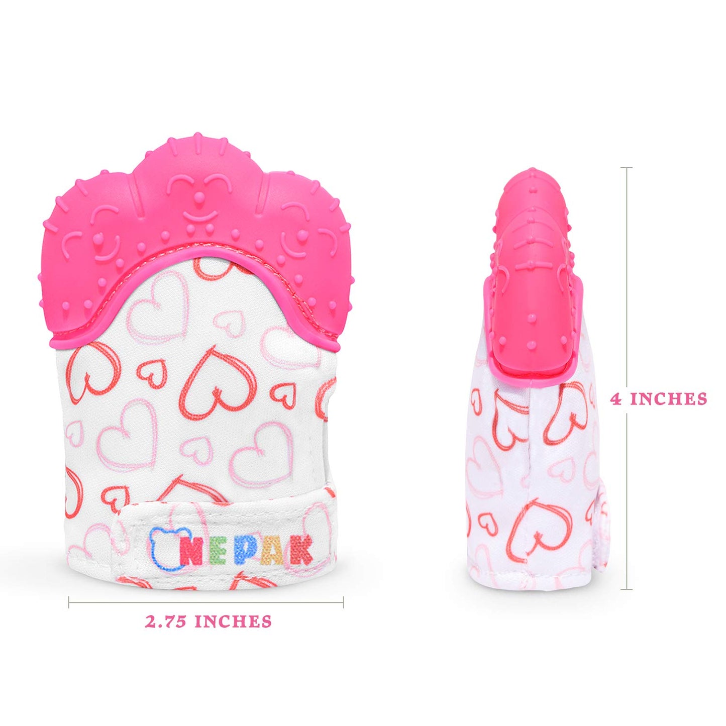 NEPAK Teething Mitten - Silicone Baby Glove Teether Toys for 3-6 Months, 2 Count, Pink, Sweet Heart Design
