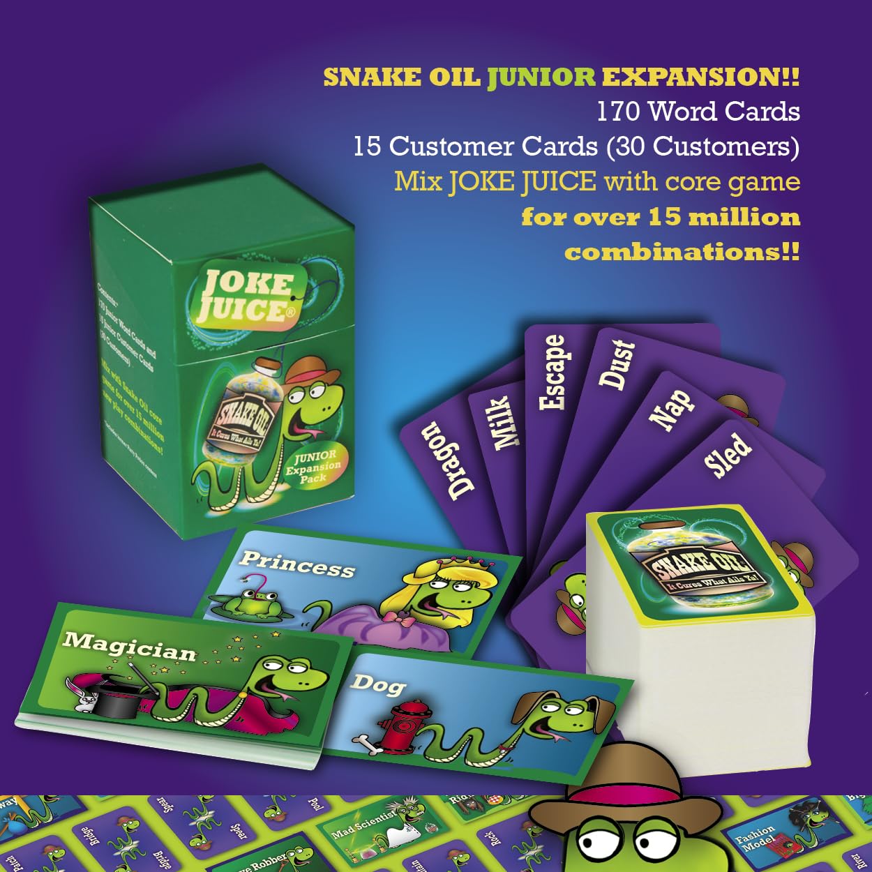 SNAKE OIL Joke Juice Game Expansion Pack - Silly Selling Party Game, Cardstock, Purple, Model JJ-EX-NEW