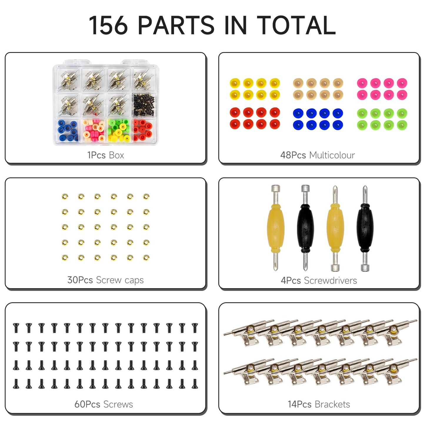 Displaymore Fingerboard Repair Kit -Includes Box & Tools-Mini 96Mm Finger Skateboard Parts Include 14 Brackets 48 Multicolour Wh