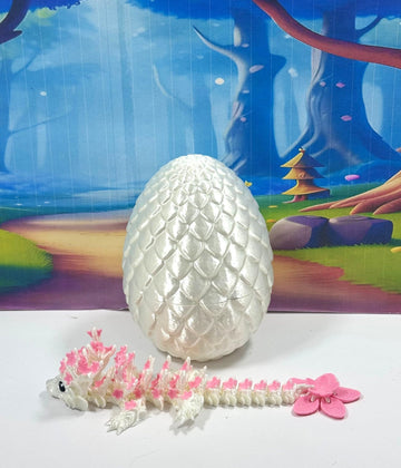3D Printed Dragon With Egg, Articulated 6'' Pink And White Cherry Blossom Baby Dragon, Fidget Adhd Autism Toy Bd004-Wht