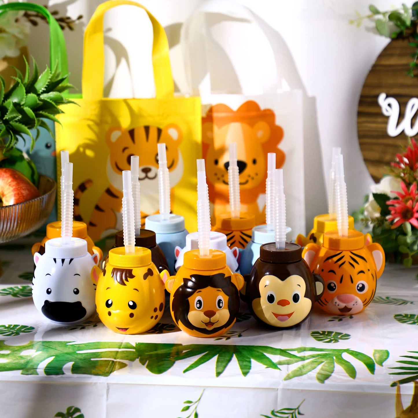 12 Set Zoo Animal Cups with Straws and Lids, 10 oz Plastic Reusable Safari Jungle Animal Theme Party Kids Cups for Elephant, Mon