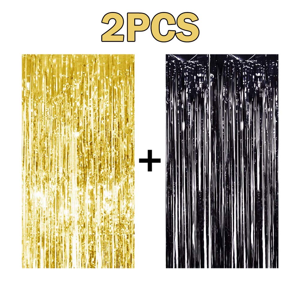 2Pcs 3' X 8' Black And Gold Metallic Tinsel Foil Fringe Curtain Backdrop For 2023 New Years Eve, Halloween Party, Graduation Dec