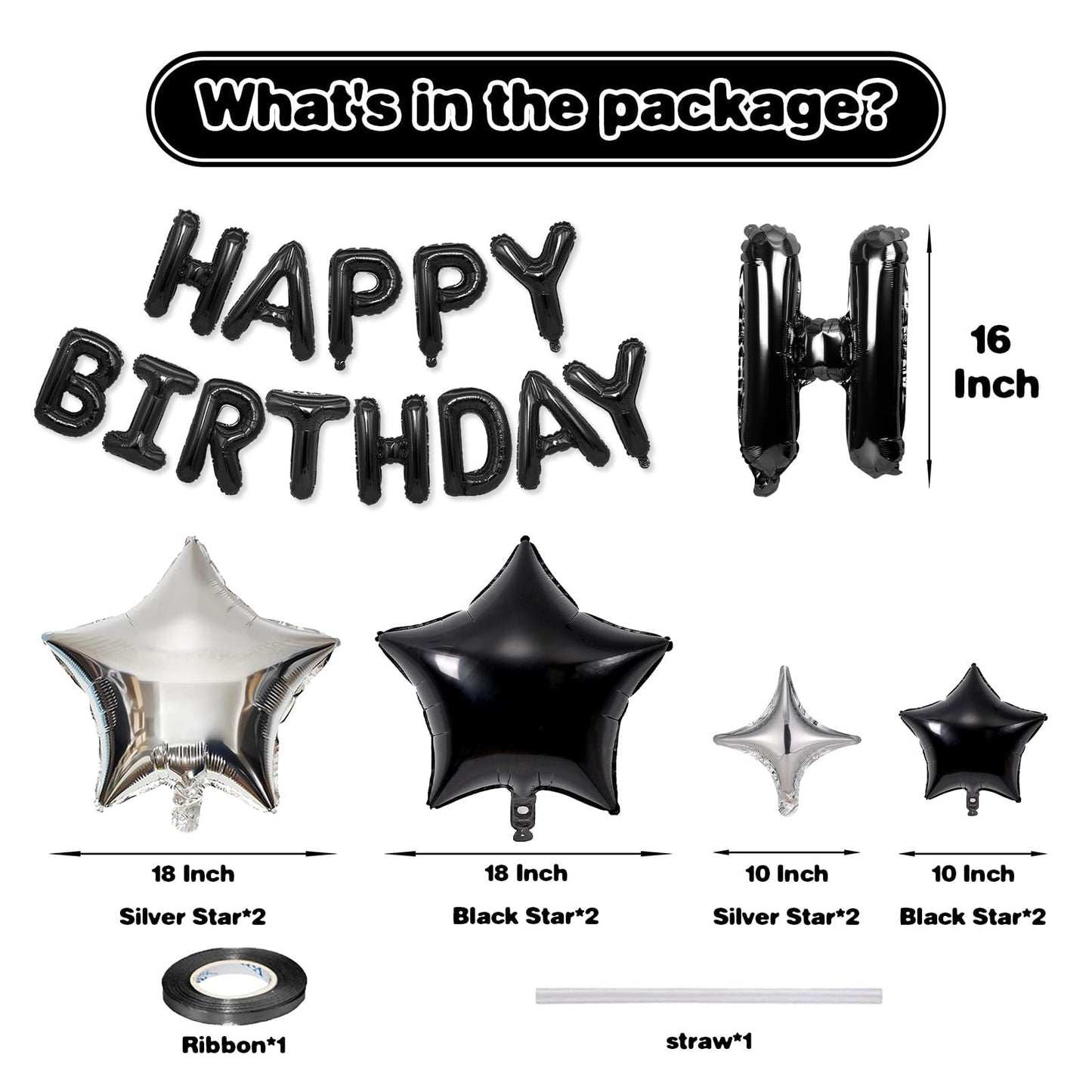 Happy Birthday Balloons Banner, Black Happy Birthday Foil Balloons 16 Inch Mylar Foil Letter Balloons With 8 Pcs Black Silver St