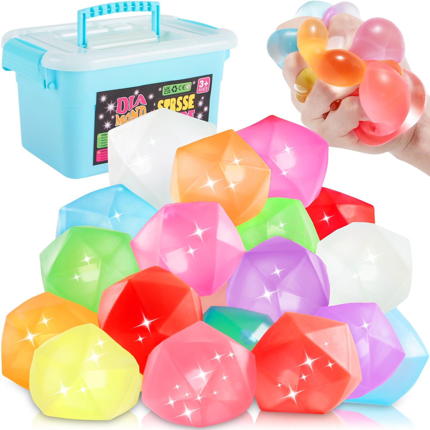 Fidget Toys Stress Balls For Kids 24 Pack, Ice Squishy Stress Cube-Diamond Malt Sugar Balls, Sensory Toys For Anxiety Stress Rel