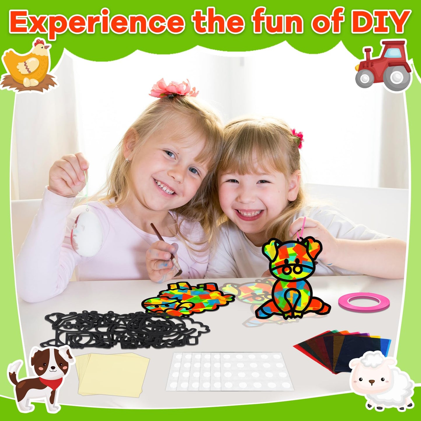 QOUBAI 32 Sets Farm Animals Suncatchers Craft Kit - Colorful Paper DIY Stained Glass Effect - Model QB1046 for Kids' Art Projects