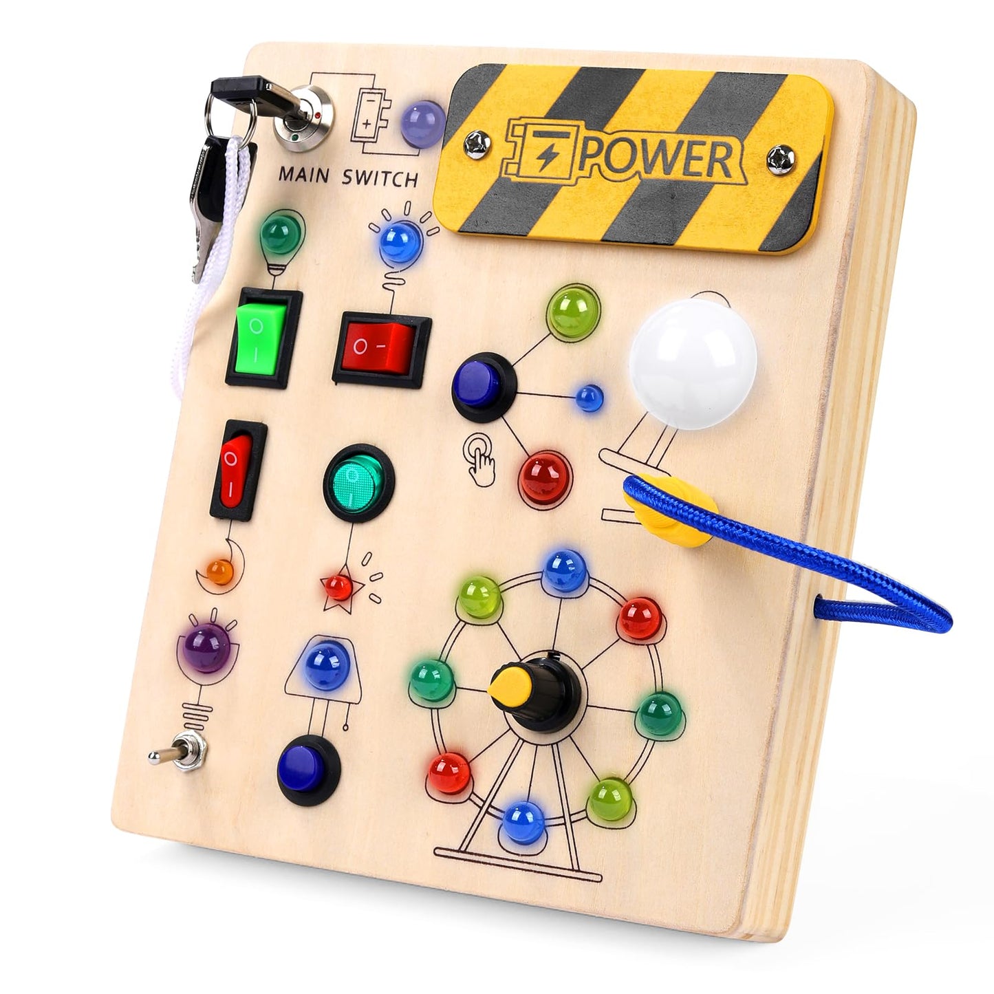 Montessori Busy Board for Toddlers, 19-LED Wooden Sensory Activity Board, Educational Toys for 3-6 Year Olds, Travel Toy for Ear