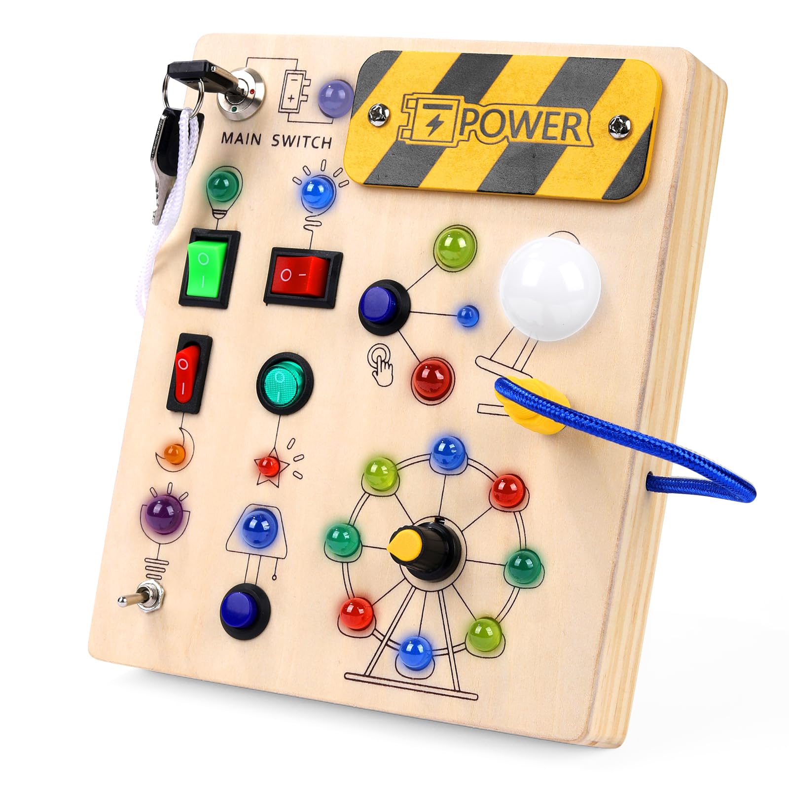 Montessori Busy Board for Toddlers, 19-LED Wooden Sensory Activity Board, Educational Toys for 3-6 Year Olds, Travel Toy for Ear