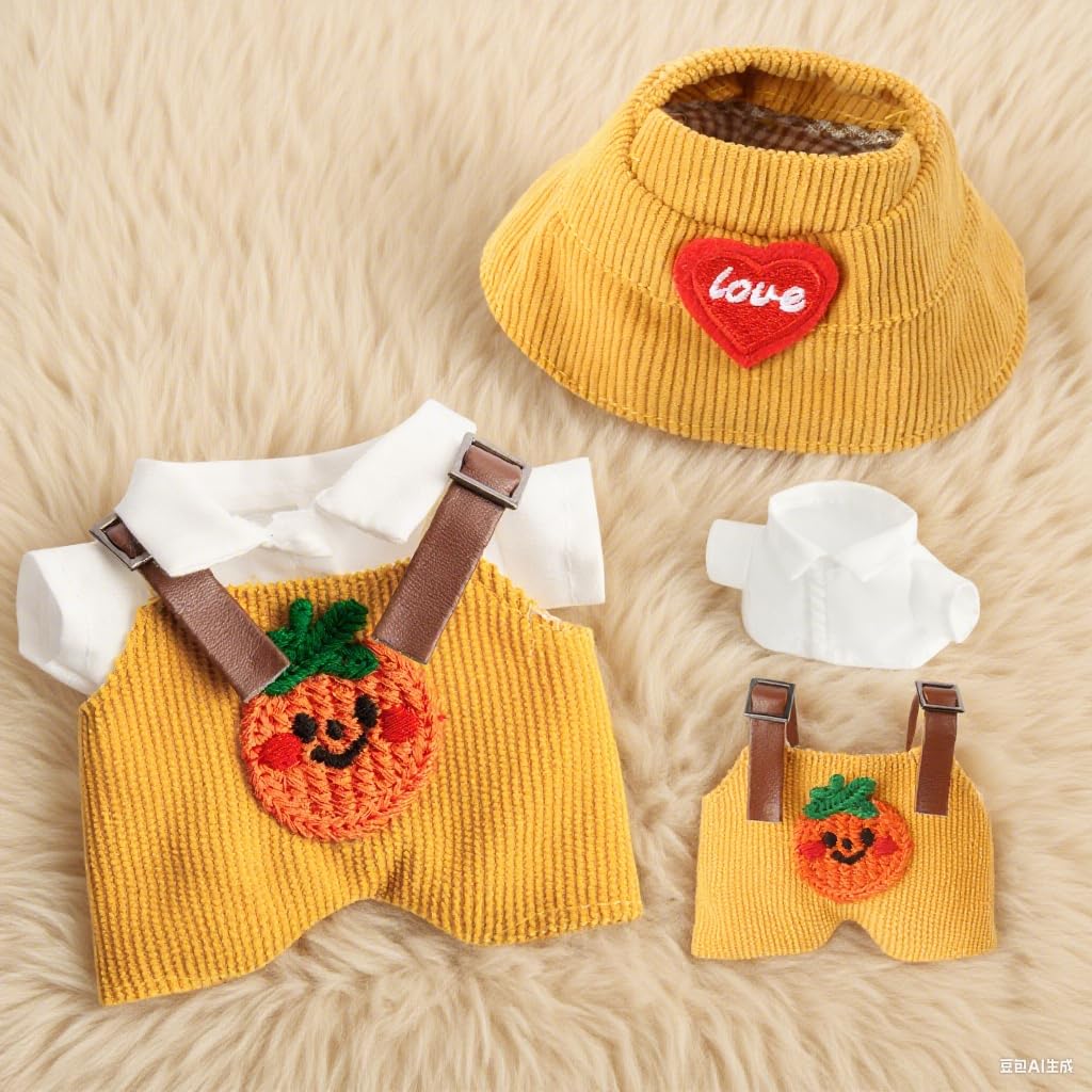 17 cm Doll Clothes  3-Piece Set Stylish Clothes for 17cm Doll  enhanced Outfit with Accessories for Doll - Red Heart Yellow Hat & Polo Shirts & Pumpkin Romper (NO Doll)