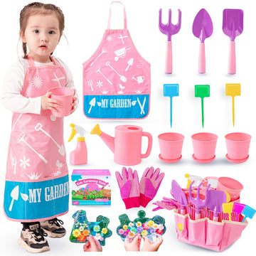 Joi Mew Kids Pink Gardening Tools Set, Garden Toys W/Metal Rake, Shovel, Trowel, Watering Can, Gloves, Tote Bag, Plant Pots, Diy