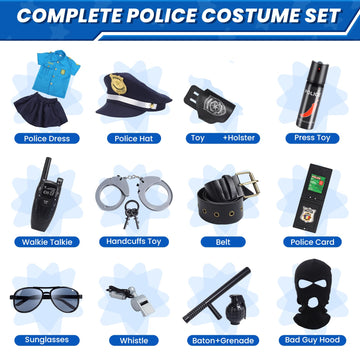 Skirfy 15PCS Police Officer Costumes for Girls,Police Costume for Kids Girls,Uniform with Toys for Cosplay Dress Up Halloween Pa