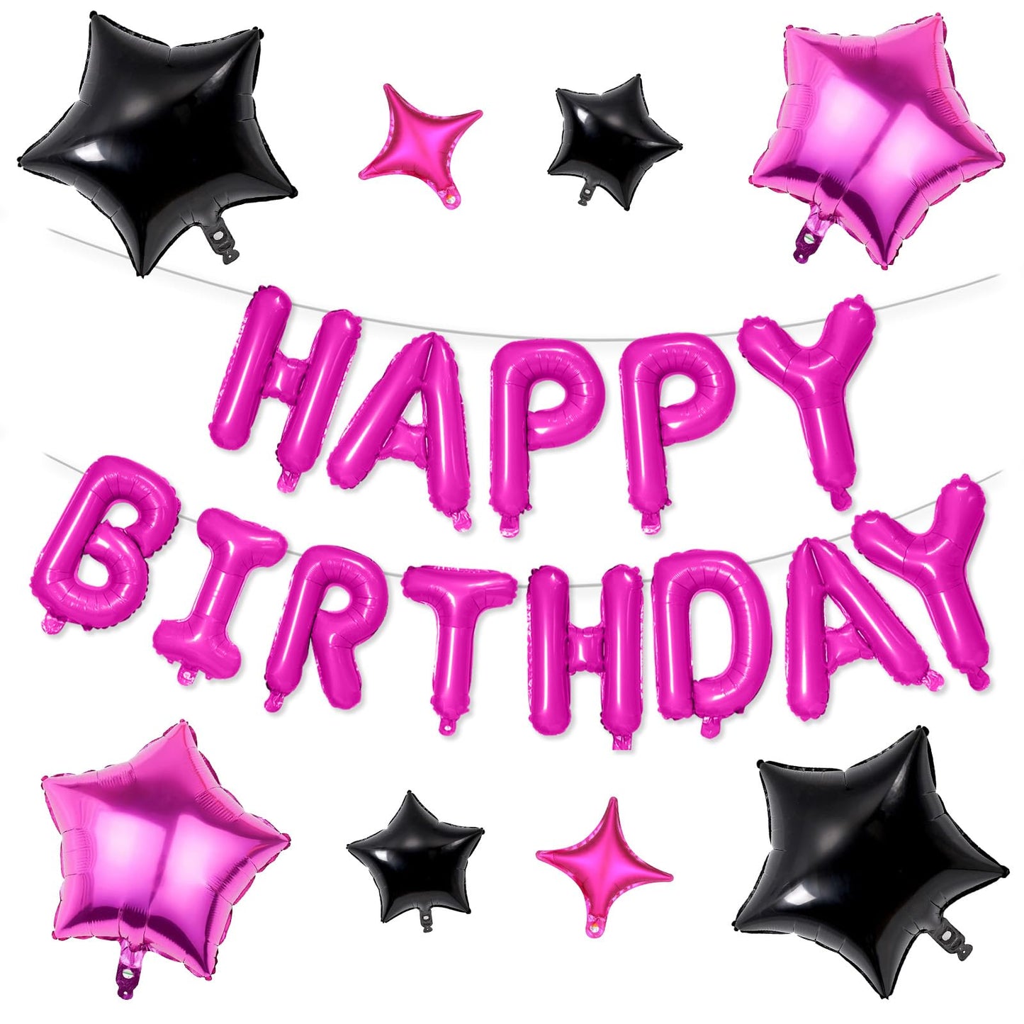 Happy Birthday Balloons Banner, Hot Pink Black Happy Birthday Foil Balloons 16 Inch Mylar Foil Letter Balloons With 8 Pcs Hot Pi