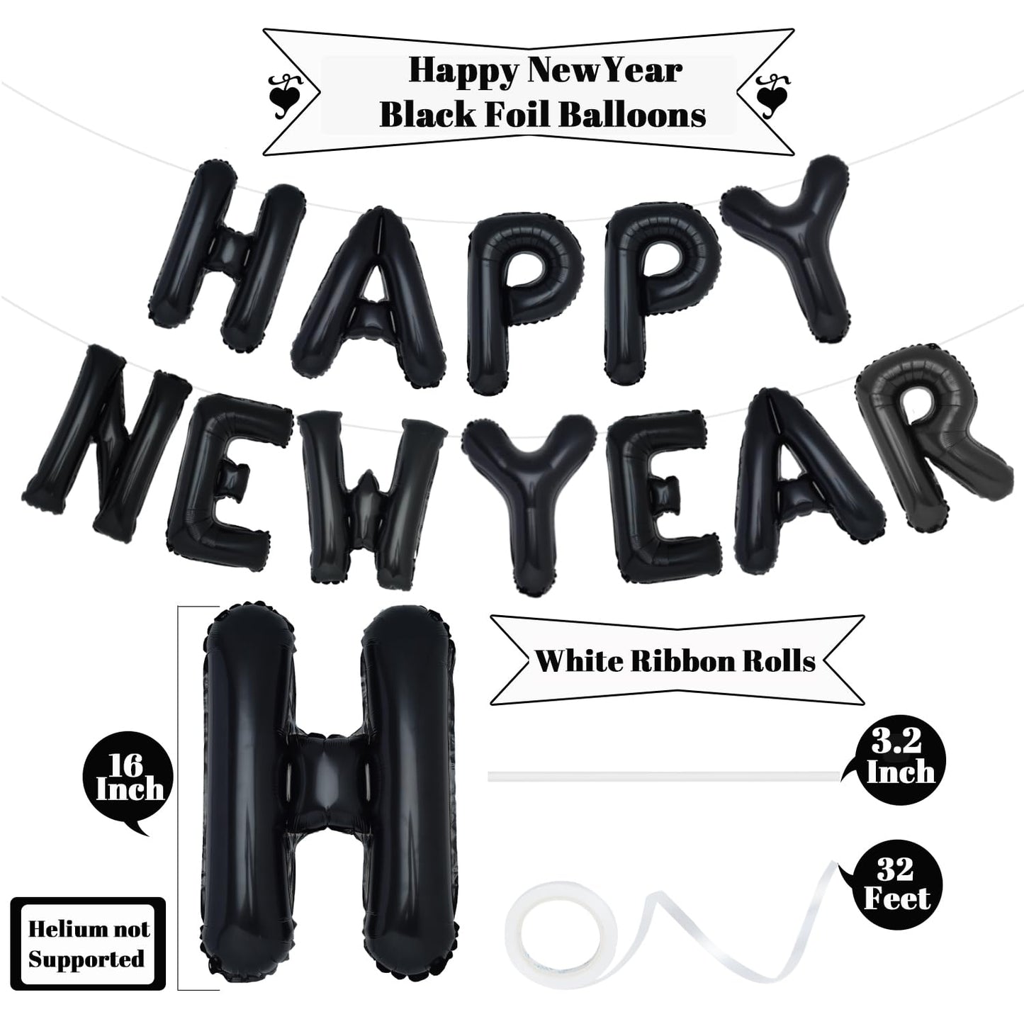 Pigetale Black Happy New Year Balloons, 16 Inch Happy New Years Letter Balloons, Happy New Year Banner For 2024 Happy New Year E
