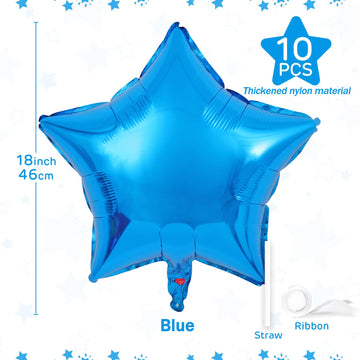 Blue Star Balloons 18 Inch, 10 Pcs Blue Star Shaped Mylar Helium Foil Metallic Balloon For Birthday Party Decorations Baby Showe