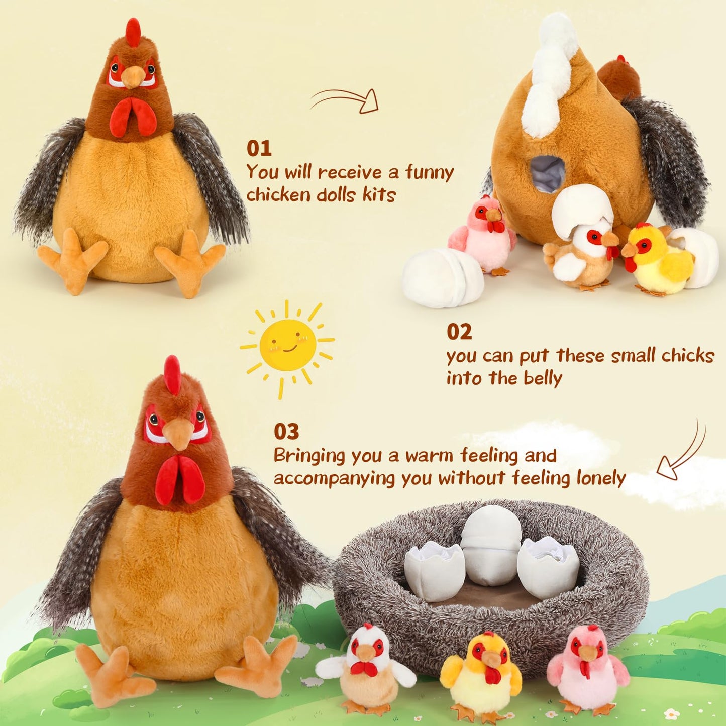 BENINY Egg Laying Hen Plush Toy, Brown Polyester Stuffed Animal with Baby Chicks, Mother Babies Series, Perfect for Kids & Christmas