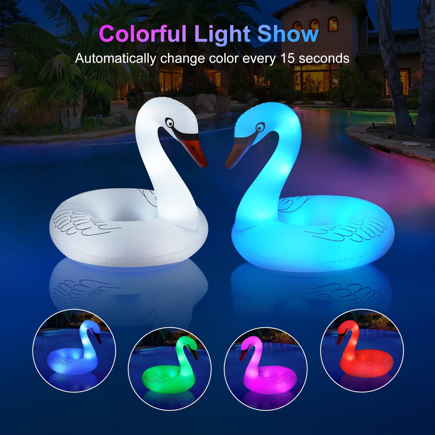 Inflatable Swan Pool Float With Colorful Lights, Flyfreeu Solar Powered Led Color Changing Swan Swim Tube Rings, 42'' Large Pool