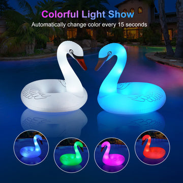 Inflatable Swan Pool Float With Colorful Lights, Flyfreeu Solar Powered Led Color Changing Swan Swim Tube Rings, 42'' Large Pool
