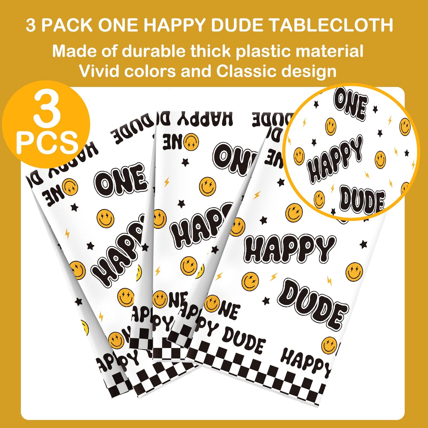 Newwiee One Happy Dude Birthday Party Tablecloths 51 x 108 inch One Happy Dude Table Cover Yellow Smile Face Plastic Table Cloth