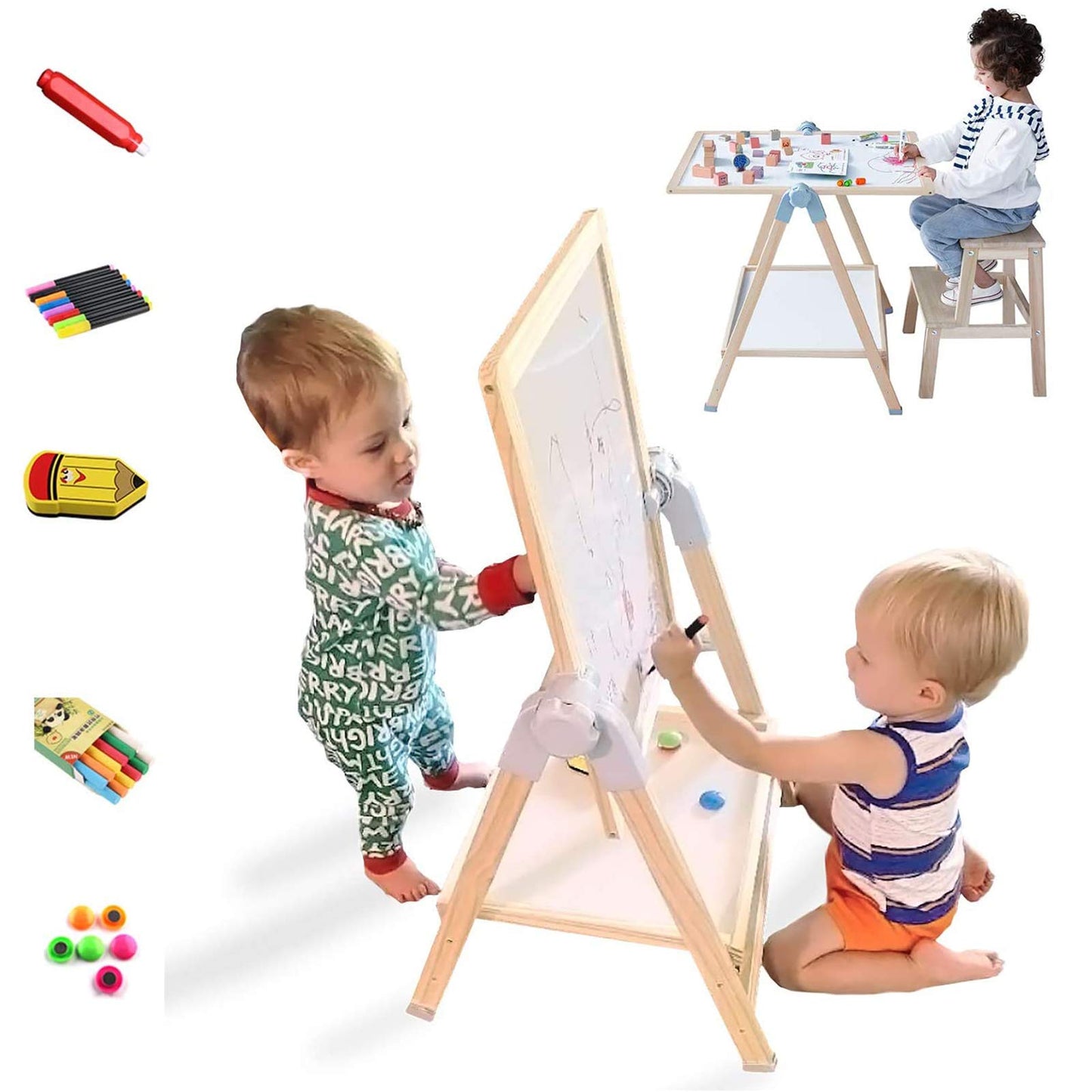 QZMTOY Kids Art Easel, Deluxe Standing Easel Set, Adjustable Art Table, Dry Erase Board&Chalkboard Double Sided Stand, 360Rotati