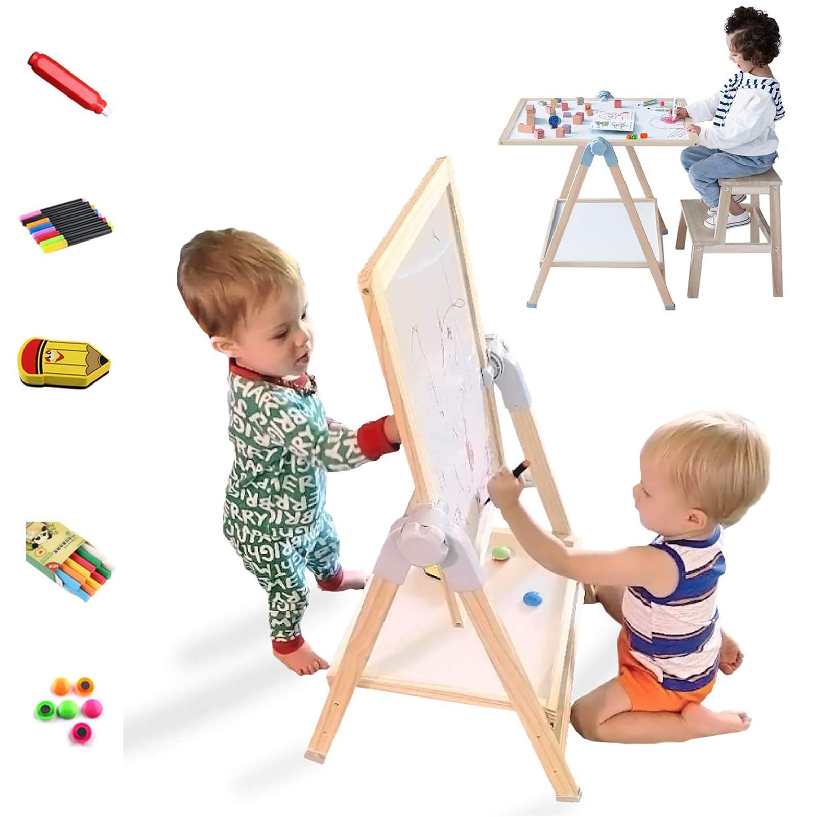 QZMTOY Kids Art Easel, Deluxe Standing Easel Set, Adjustable Art Table, Dry Erase Board&Chalkboard Double Sided Stand, 360Rotati