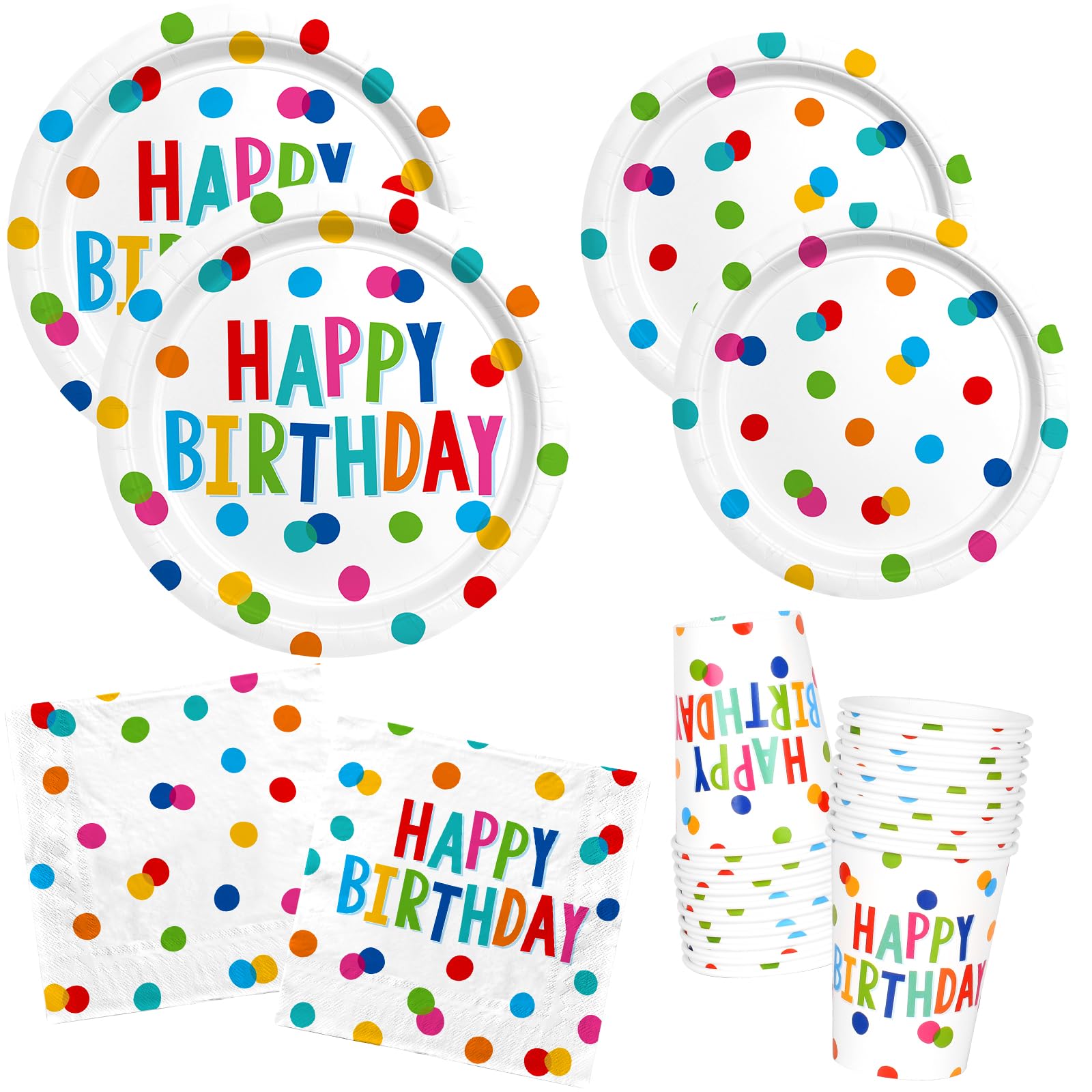 Happy Birthday Decorations: Kids  Birthday Party Supplies with Dots Design - Includes Happy Birthday Plates and Napkins, Dispos
