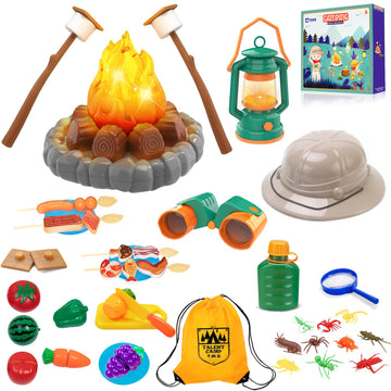 MITCIEN Camping Toys for Kids, Pretend Campfire, Lantern, Safari Hat, Binoculars, Bottle, Toy Food, S'Mores, Toddler Camping Pla