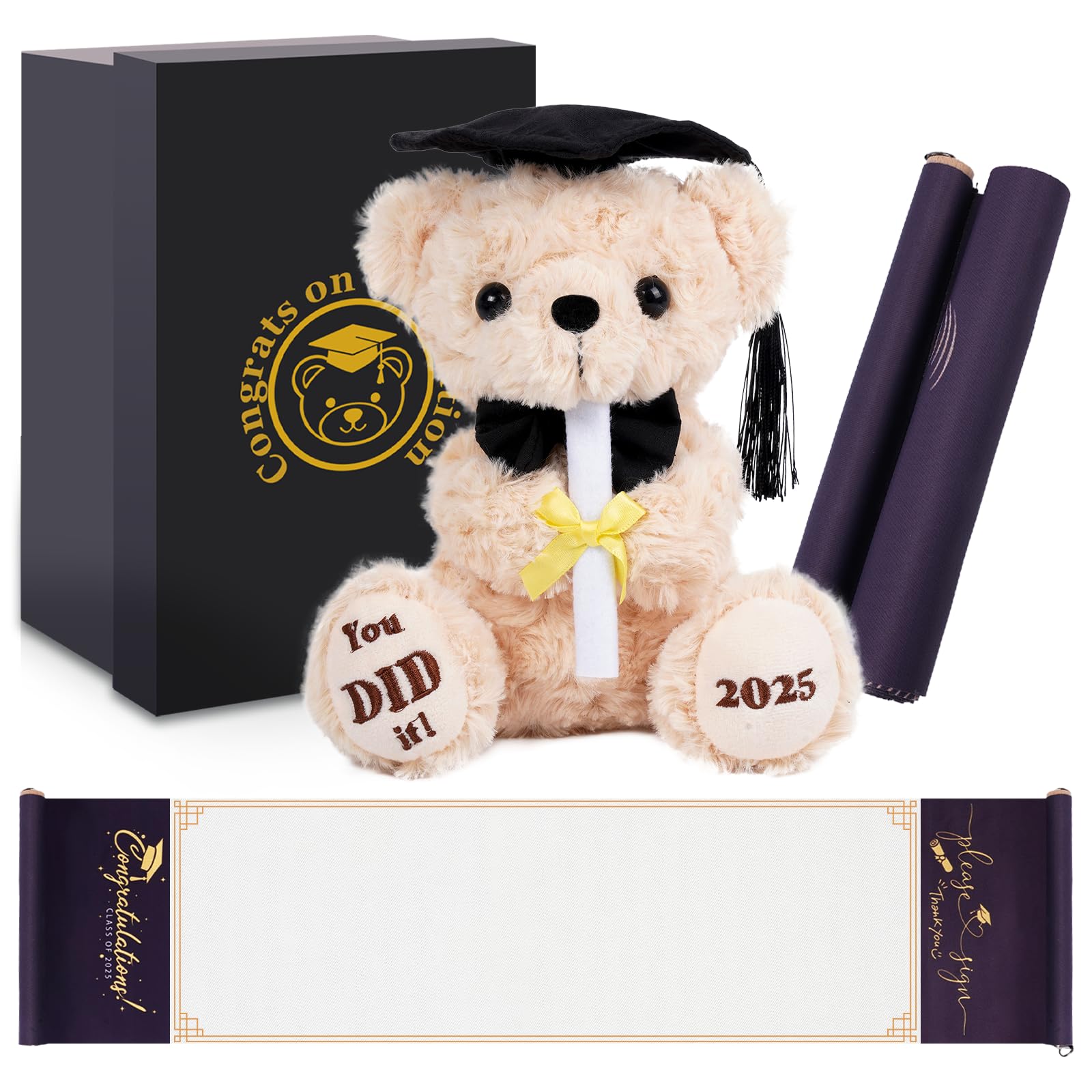 Graduation Bear Class of 2025 - Graduation Gifts Set Teddy Bear & Guest Book Scroll, High School Graduation Gifts for Boys & Gir