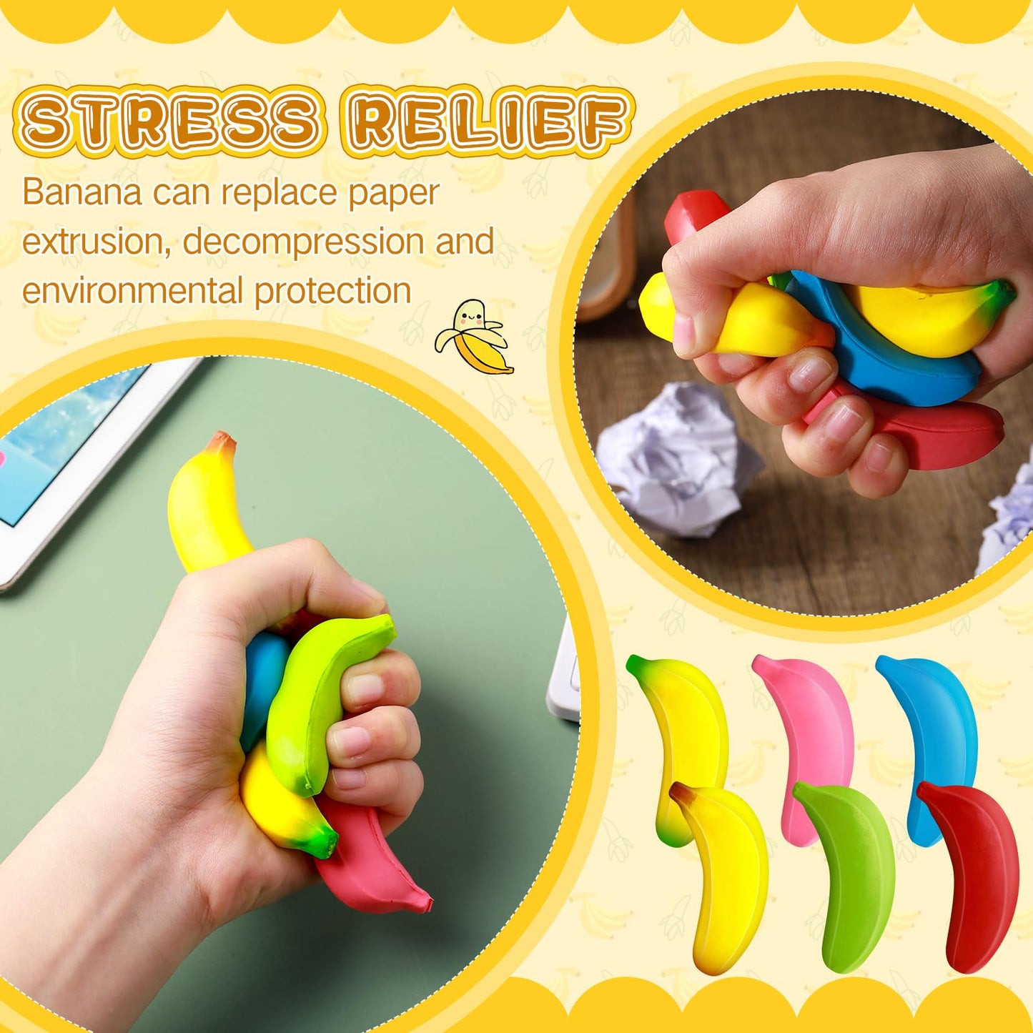 Civaner 30 Pcs Banana Stress Toys Stretchy Banana Stress Relief Toys Fidget Anxiety Relief Squeeze Balls Bulk Mini Party Favors Tiny Squeeze Party Supplies For Kids Adults(Multicolor)