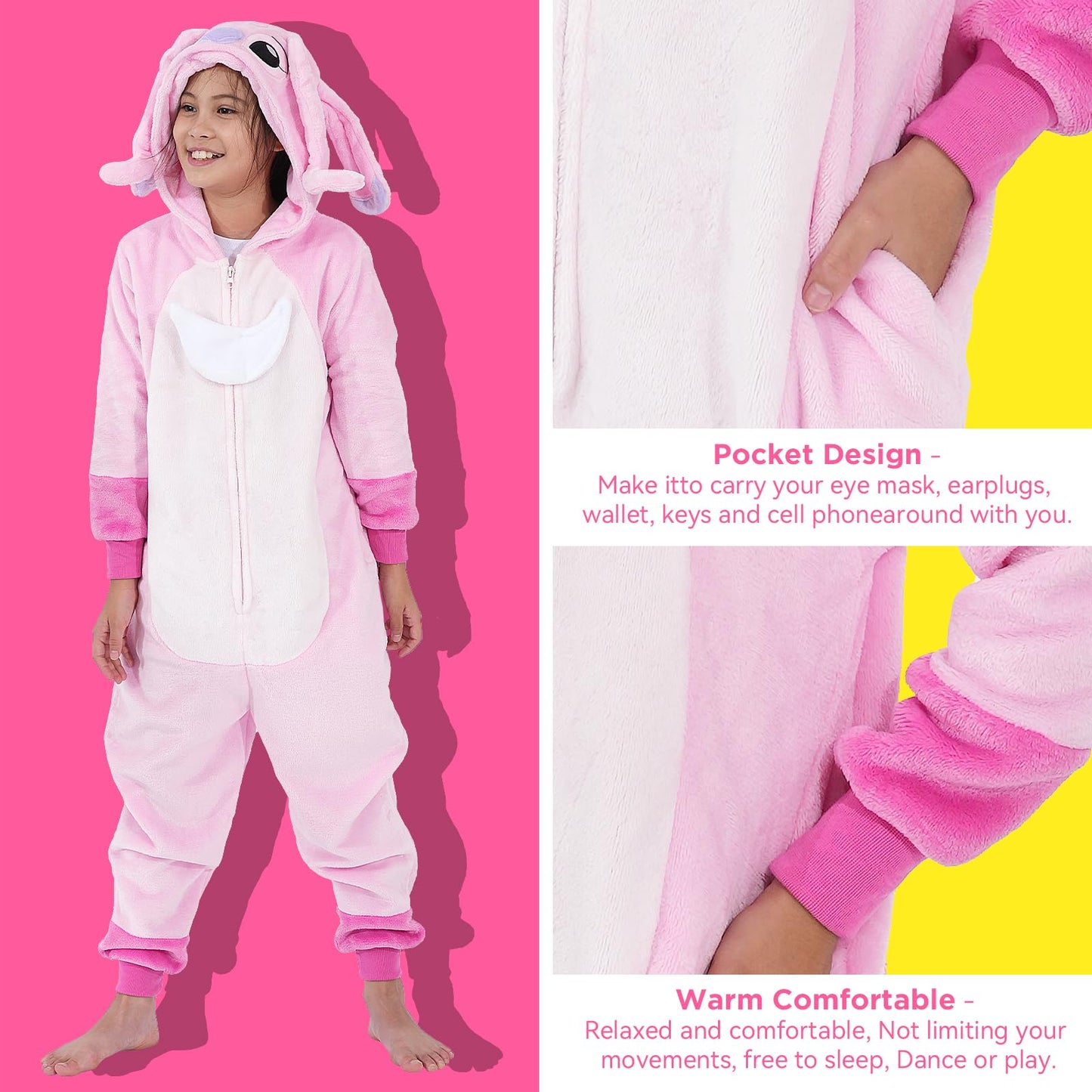 Halloween Christmas Unisex Kids Flannel Cosplay Onesie Costume Outfit Suit For Girls And Boys (Pink Stitch, 6 Years)