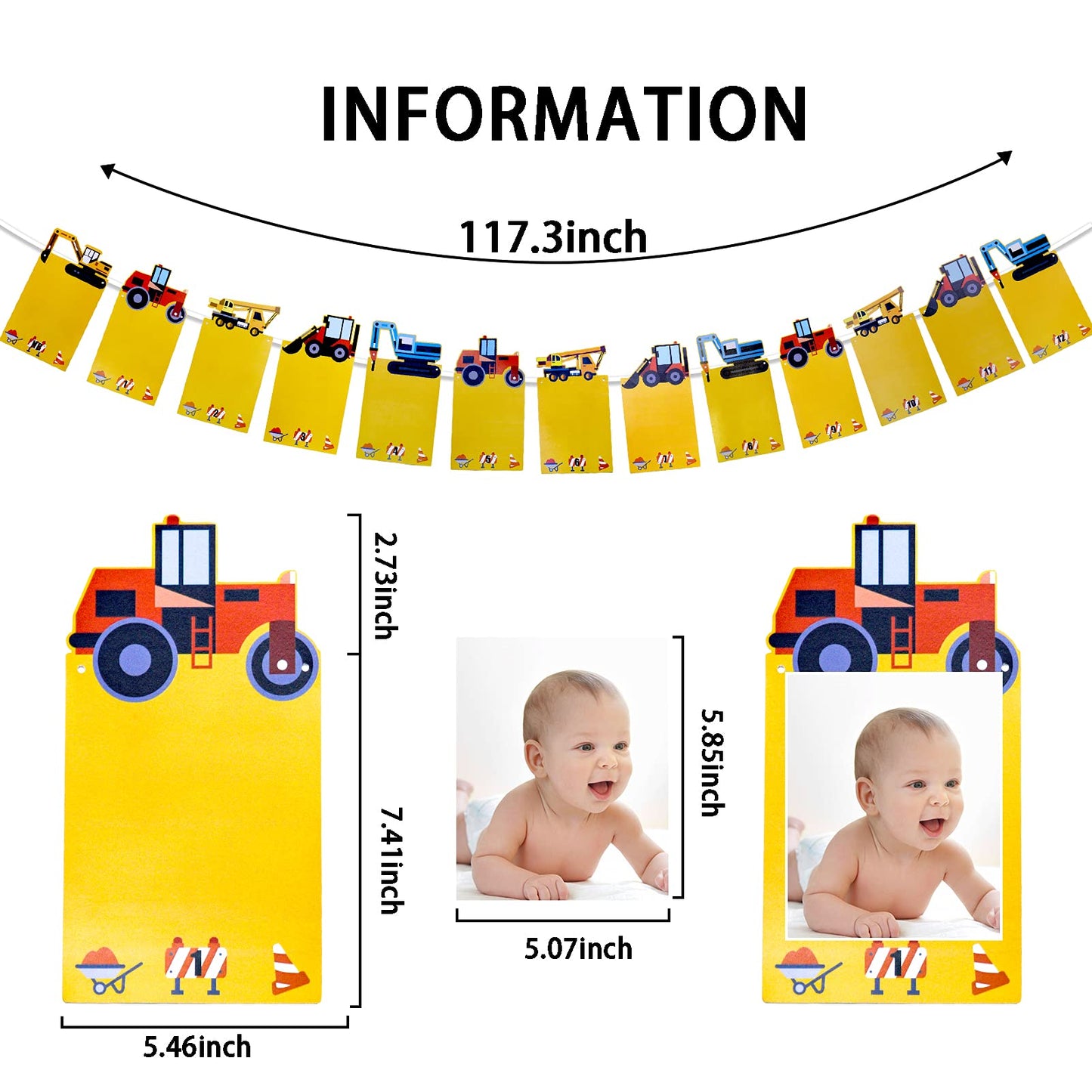 1st Birthday Boy Photo Banner for Baby from Newborn to 12 Months, First Birthday Decorations Boy Monthly Construction Vehicles T