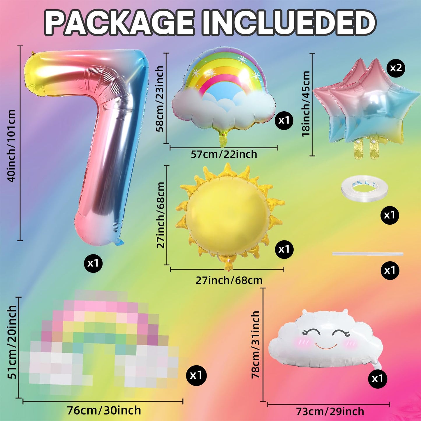 7Th Rainbow Birthday Decorations, 7Th Rainbow Birthday Foil Balloons Set With Sun Rainbow Gradient Stars And 40 Inch Number 7 Ba