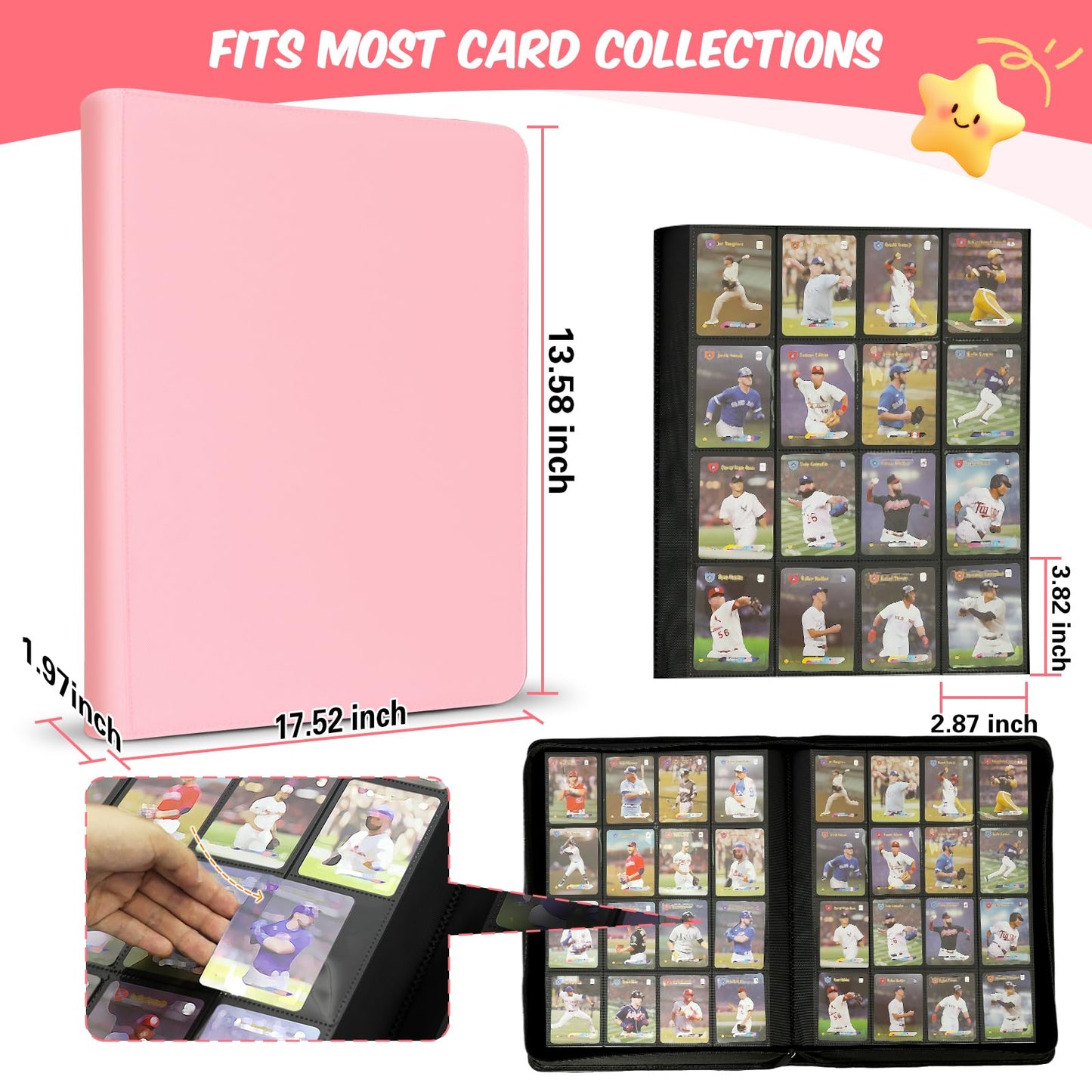 enhanced Card Binder 16 Pocket  1000+ Cards PU Cover Trading Card Binder Side Loading Card Collection Album Holder Folders for MTG  TCG  Game Cards & Sports Cards  Kpop (light pink)