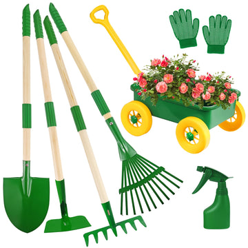 Duckura Kids Gardening Tools Set - 7Pcs Wheelbarrow Set Outdoor Toy For Kids With Shovel, Rake, Leaf Rake, Yard Digging Weed Toys, Easter Birthday Gifts For Boys Girls Age 3 4 5 Years Old(Yellow)