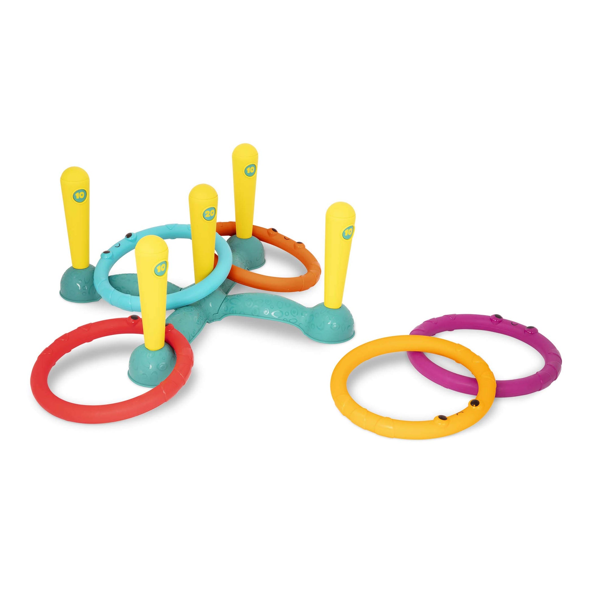 B. toys- Ring Toss Game- Indoor & Outdoor - Sling-a-Ring Toss - 12 pcs - 5 Pegs & 5 Colorful Rings - for Toddlers  Kids - 3 Years +