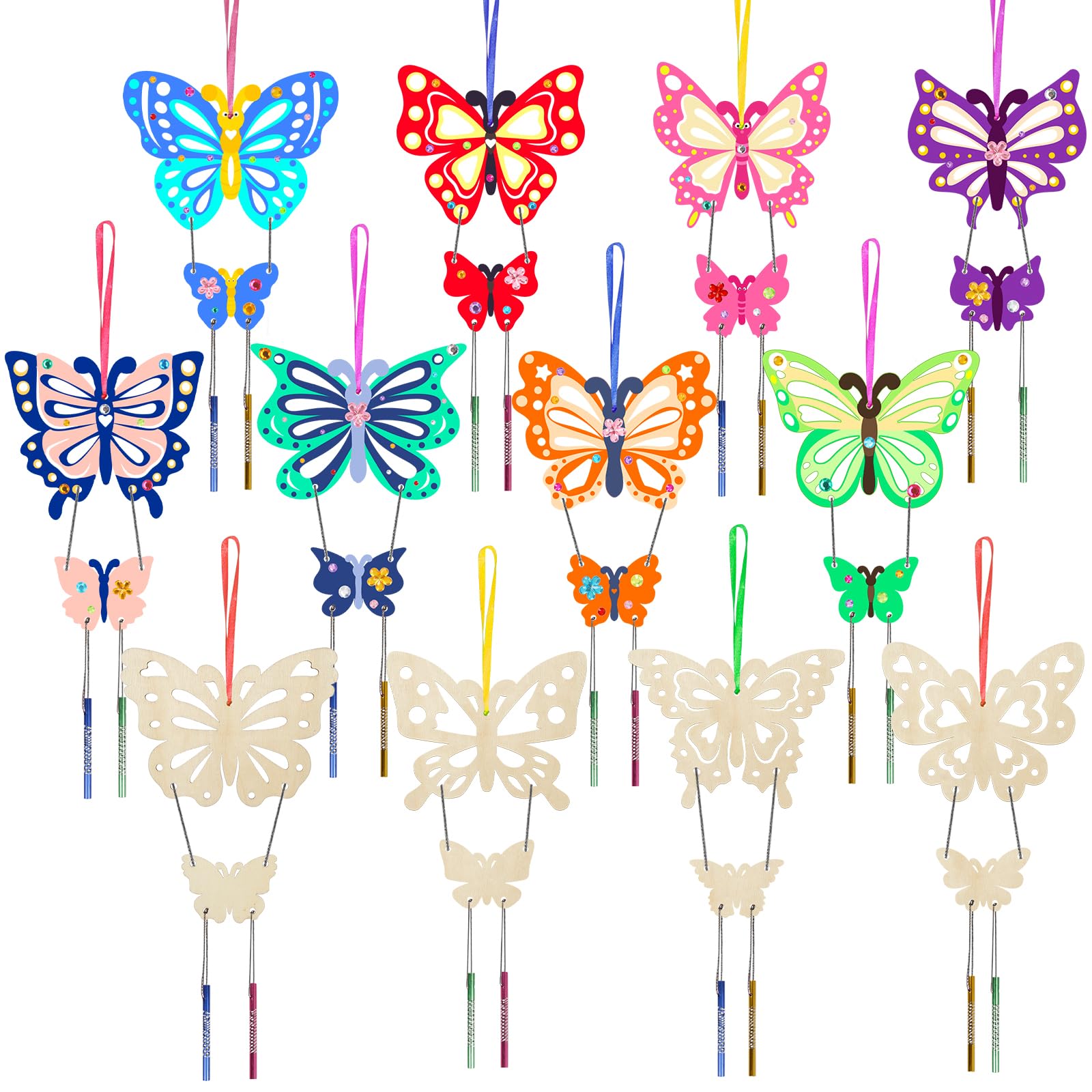 Fennoral 12 Pack Butterfly Wind Chime Kits For Kids Make Your Own Hollowed Out Butterfly Wind Chime Diy To Paint Butterfly Woode