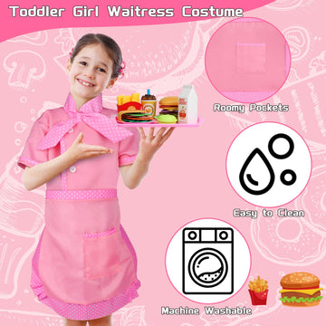 Restaurant Playsets For Kids - Waitress Role Play Costume Set For Girls, 60 Pieces Food Playset With Girls Apron, Diner Playset For Kids, Play Restaurant, Pretend Restaurant Playset For Kids Age 3+