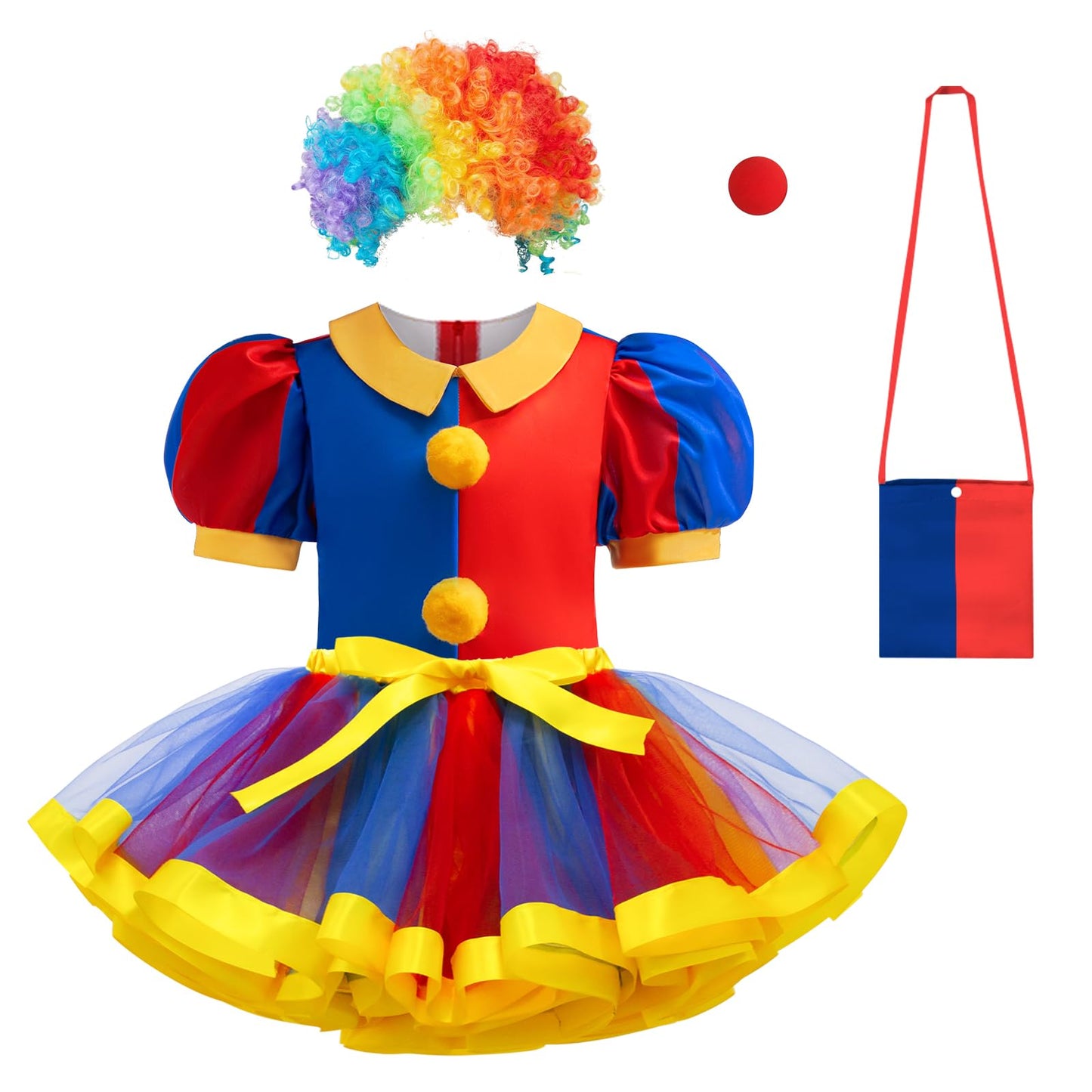 Miltrs Girls Clown Costume Dress Circus Cosplay Set Rainbow Tutu Skirt Clown Wig Hallowen Birthday Party for Girls