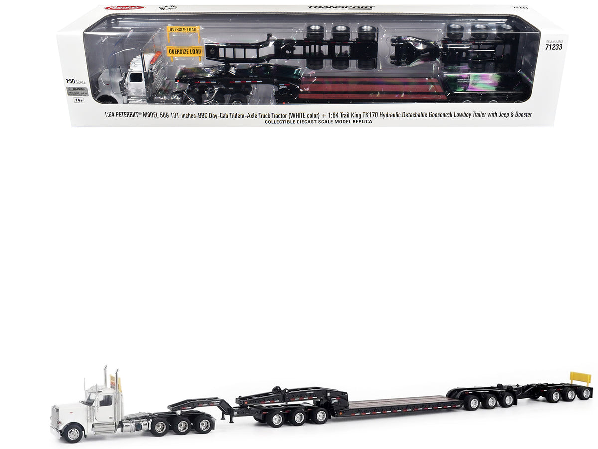 Peterbilt 589 Tridem-Axle Truck Tractor with Day Cab and Trail King TK170 Hydraulic Detachable Gooseneck Lowboy Trailer with Jeep and Booster White inchTransport Seriesinch 1/64 Diecast Model by Diecast Masters