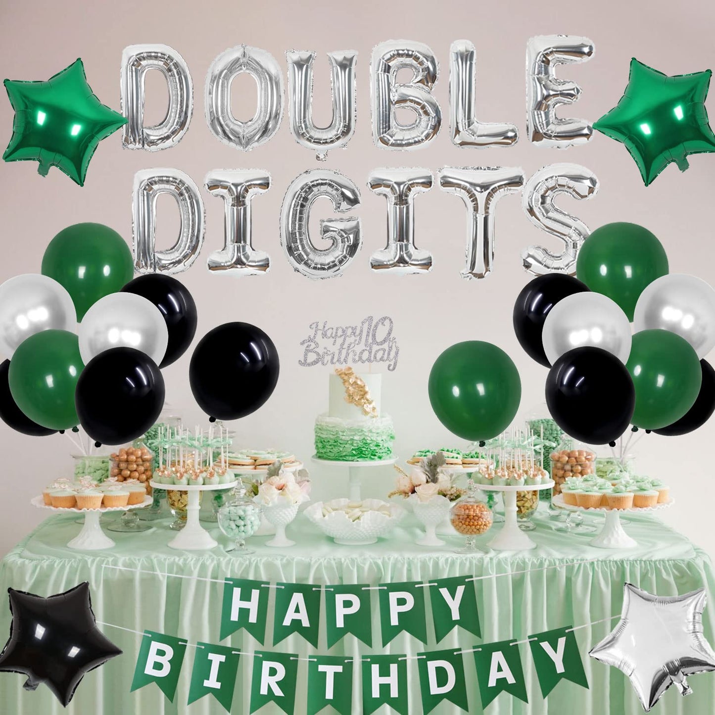 Cheereveal 10Th Birthday Decorations Green For Boys Girls Double Digits Birthday Party Supplies Happy Birthday Banner Cake Topper For 10 Year Old Birthday Decor