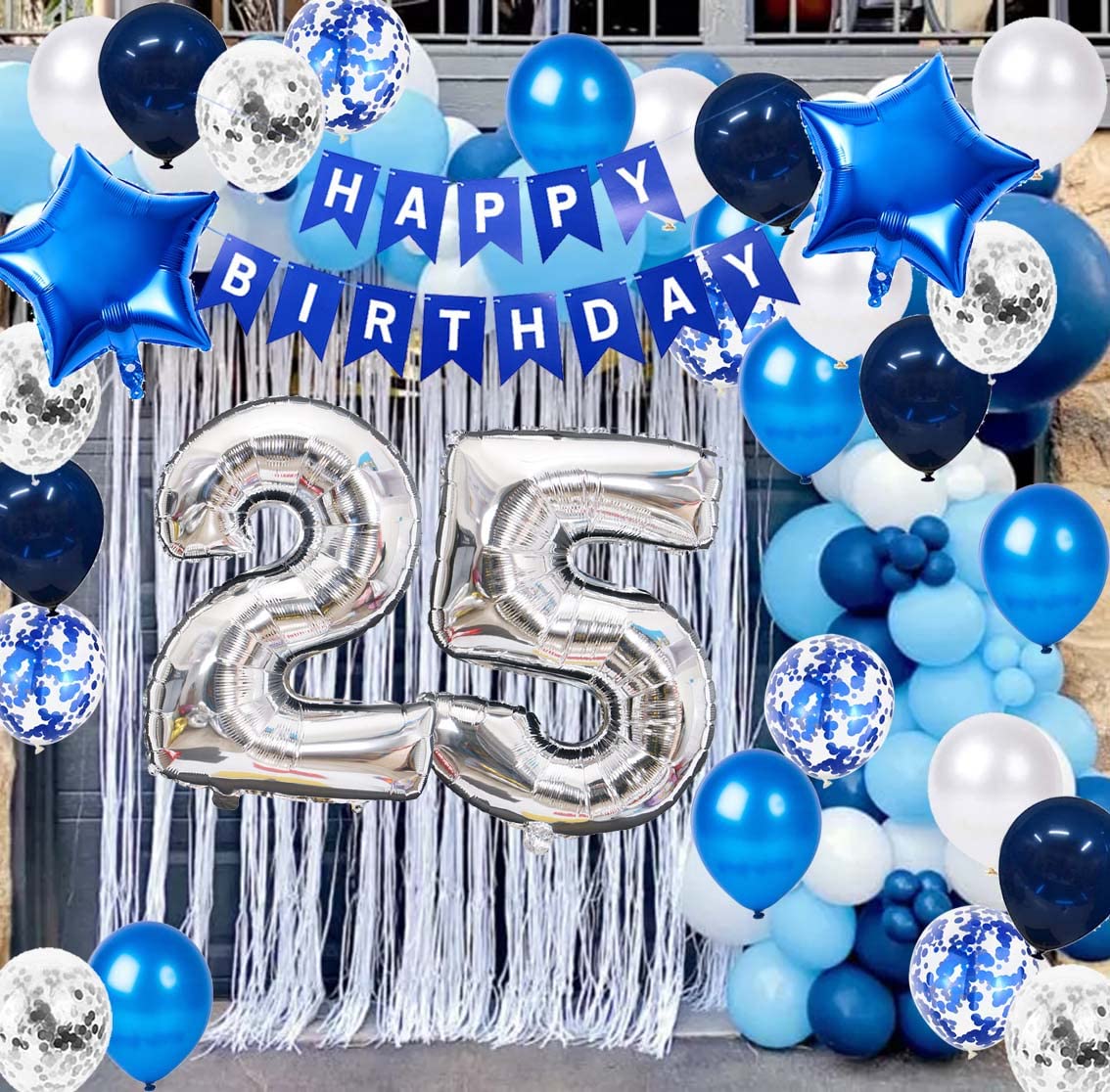 JumDaQQ 25th Birthday Party Decoration Set - Blue Foil & Latex Balloons for Men, Happy Birthday Banner, 25 Years Old Supplies