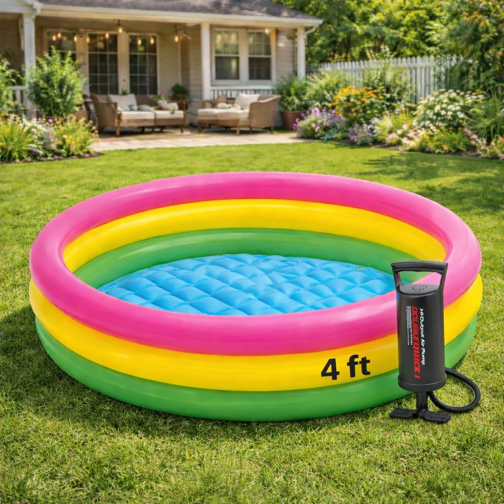 Toy Imagine 4Ft Inflatable Kids Swimming Pool - Small Portable Bathtub | Sunset Glow Ring, Round, Colourful - Perfect For 2-3 Ki