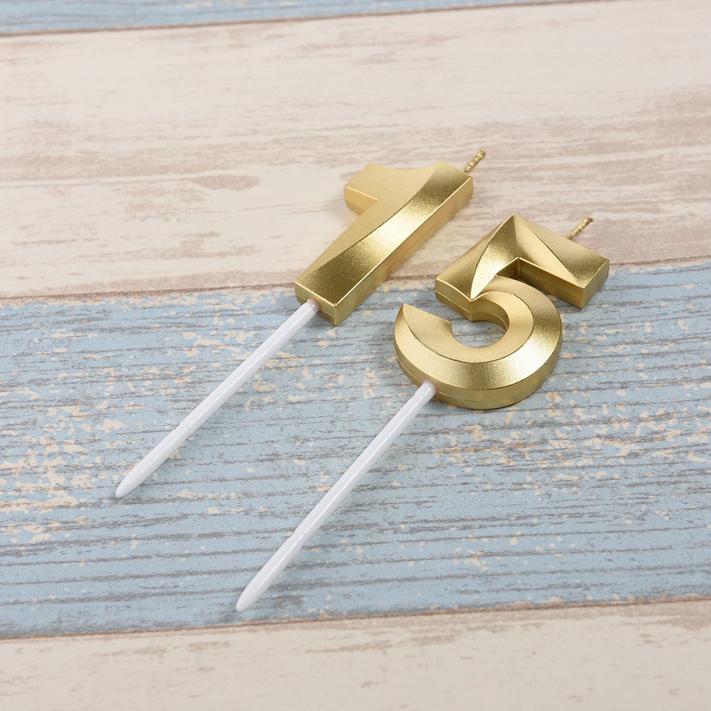 Qj-solar Gold Birthday Candles Set, Number 15 Cake Topper for 15th & 51st Birthday Party Decorations, Synthetic Wax Material