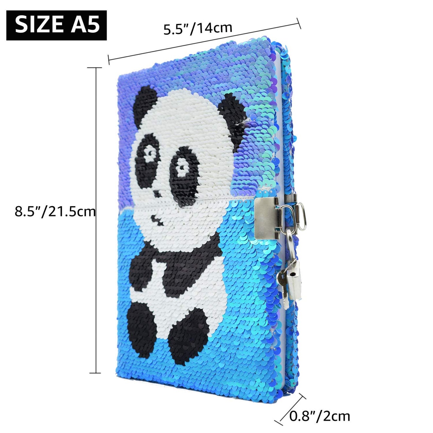 VIPbuy Magic Reversible Sequin Notebook Panda Diary Lined Travel Journal with Lock and Key for Kids Girls, Size A5, 78 Sheets, P