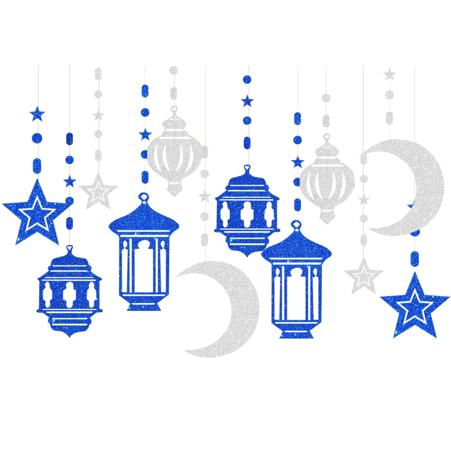 Blue-Silver Ramadan Star-Moon Party-Decorations Garland - 12pcs Twinkle Little Star Hanging Decoration Streamers Swirl Lantern, 