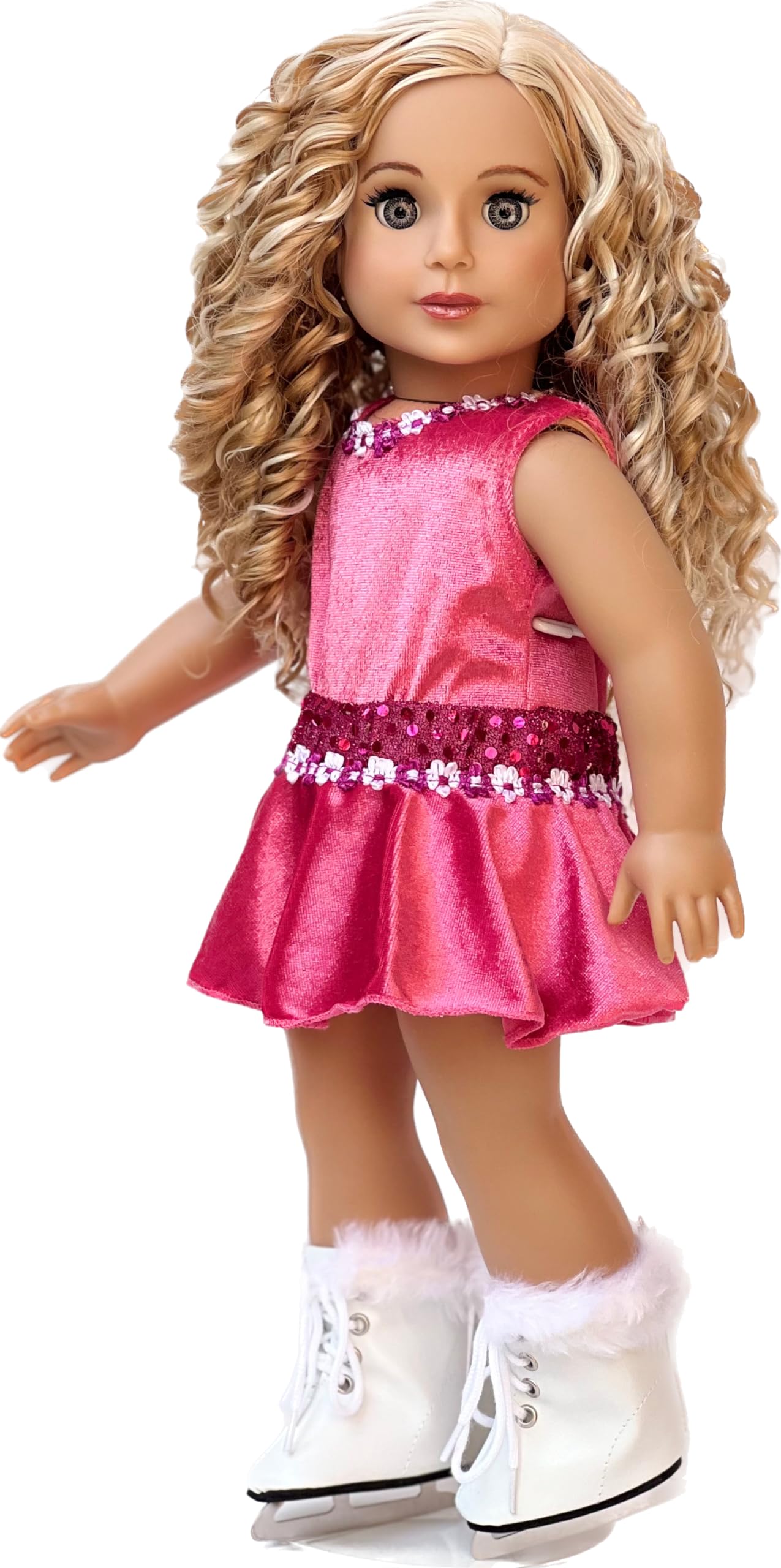 Ice Skating Girl - 4 Piece Ice Skating Outfit For 18 Inch Doll - Pink Leotard With Skirt, White Warmup Sweater And White Ice Skates - 18 Inch Doll Clothes (Doll Not Included)
