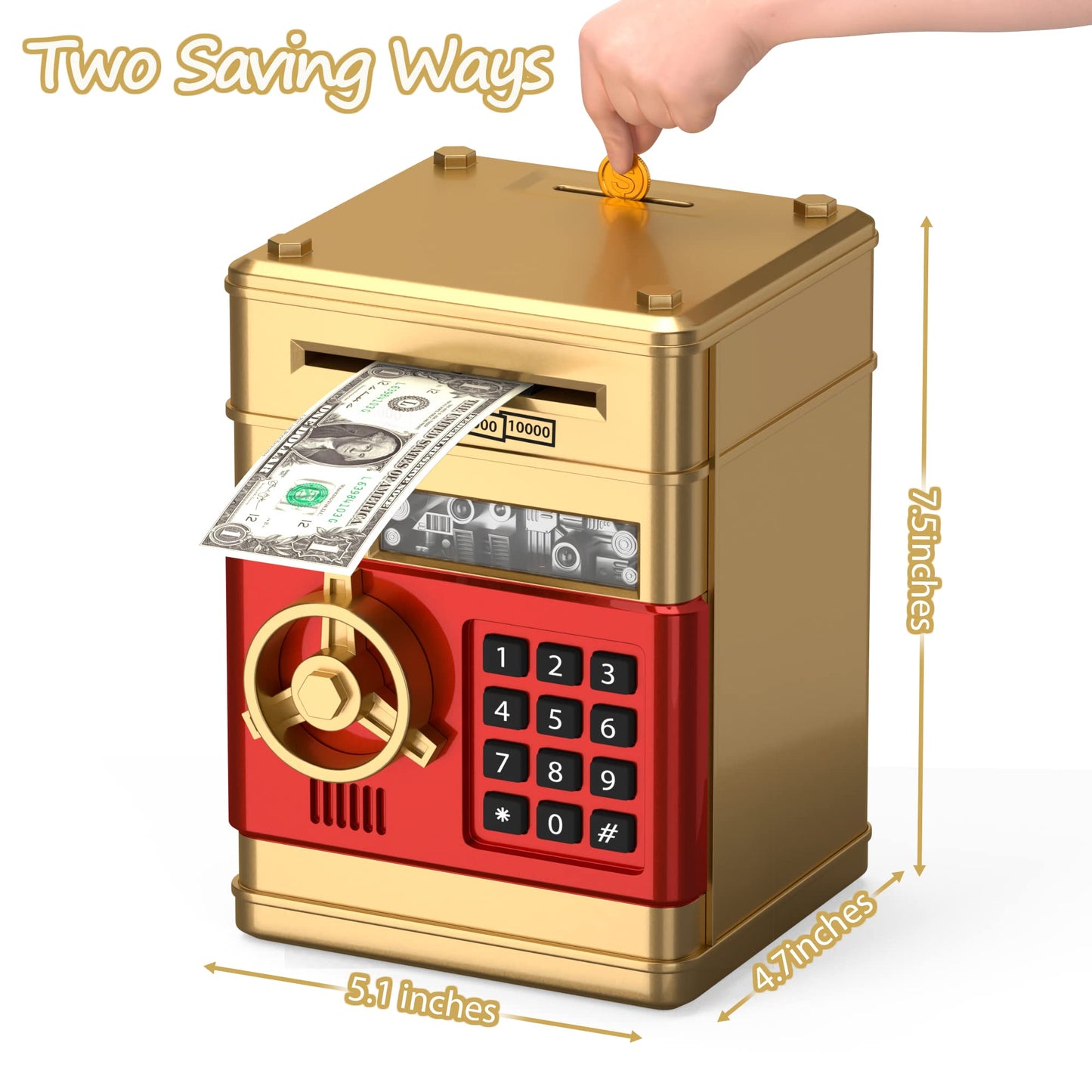 Atm Piggy Bank For Boys Girls, Electronic Money Bank With Password, Auto Scroll Paper Money Saving Box,Kids Safe Money Jar, Great Gift Toy Bank For Kids (Gold Red)