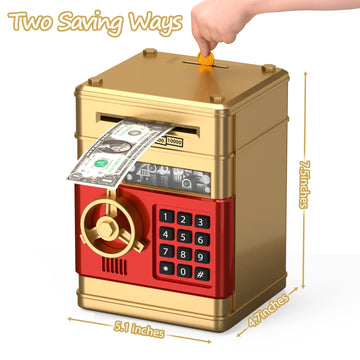 Atm Piggy Bank For Boys Girls, Electronic Money Bank With Password, Auto Scroll Paper Money Saving Box,Kids Safe Money Jar, Great Gift Toy Bank For Kids (Gold Red)