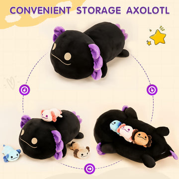 Toys For Girls Ages 3 4 5 6 7 8+ Years -16'' Black Axolotl Mommy Stuffed Animal With 3 Baby Axolotl In Her Tummy, Cute Salamande